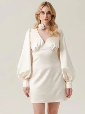 NaNa Pearl V-Neck Mini Dress with Long Balloon Sleeves Perfect Bridal Outfit Med